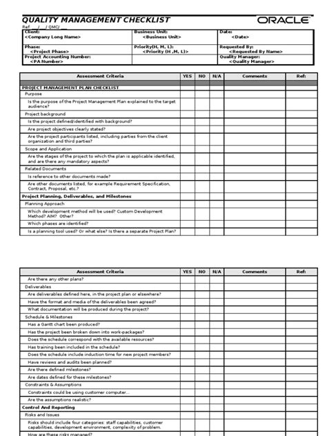Qm020 Quality Management Checklist Project Management Documentation