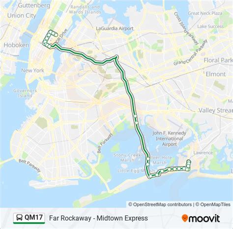 The first stop of the QM17 bus route is Beach 21 St/Mott Av and the last stop is E 57 St/ 3 Av. QM17 (Midtown 57 St Via 6 Av) is operational during weekdays. Additional information: QM17 has 25 stops and the total trip duration for this route is approximately 94 minutes.. 