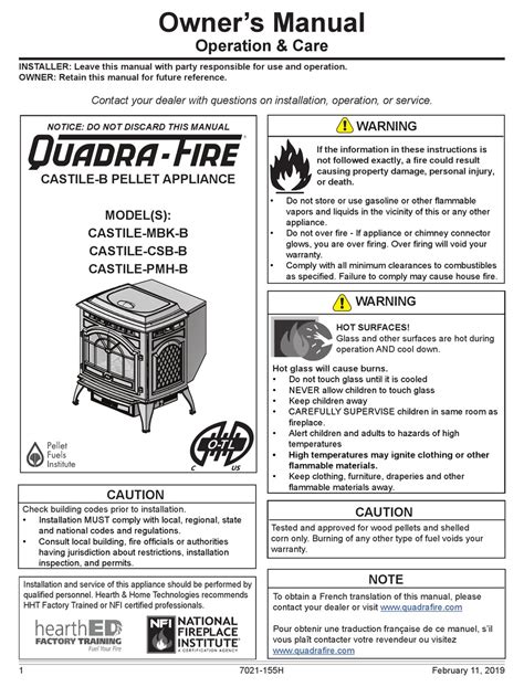 Quadra fire castile pellet stove manual. E1509-04, ULC S627-00, (UM) 84-HUD and ULC/ORD- WARNING C-1482. Fire Risk. The Quadra-Fire Castile Pellet Heater meets the U.S. Envi- Hearth & Home Technologies disclaims any ronmental Protection Agency's emission limits for pellet responsibility for, and the warranty will be voided by, heaters sold after May 15, 2015. Page 7: Operating ... 
