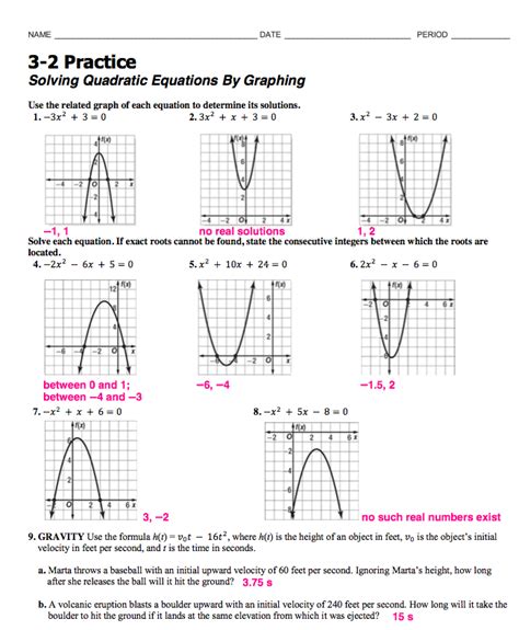 Quadratic Answers Graphing Functions