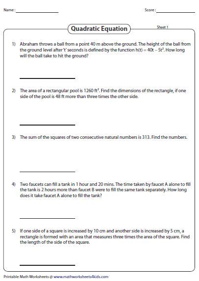 Quadratic Formula Word Problems Worksheet Answers Math —