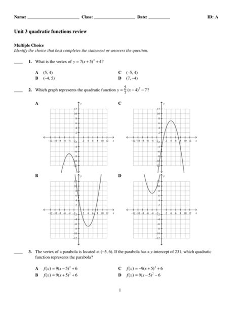 Quadratic Functions Review Worksheet Download Printable PDF