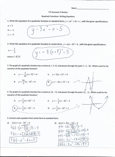 Quadratic Functions Worksheet Answers Englishworksheet.my.id
