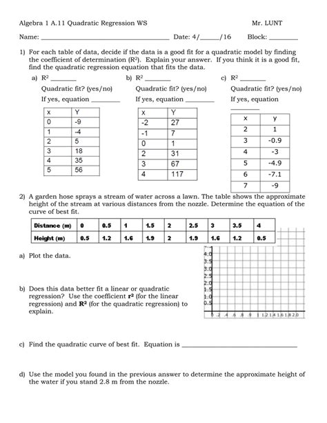 Quadratic Regression Worksheet Pdf Quadraticworksheet com