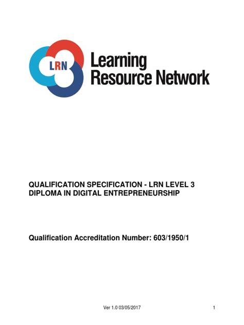 Qualification Specification Lrn Level 3 Diploma in Digital Entrepreneurship