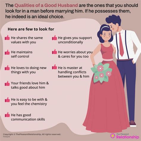 Qualities of a good husband. Feb 6, 2023 · Top Characteristics of A Good Man To Marry. #14 – He’s Willing To Provide For You. #13 He’s Nice To His Family. #12 – He Listens To Your Feedback. #11 – He Talks About The Future. #10 — You Trust Him. #9 — He Makes You Feel Comfortable. #8 — He Makes You Laugh. #7 — He’s a Great Communicator. 