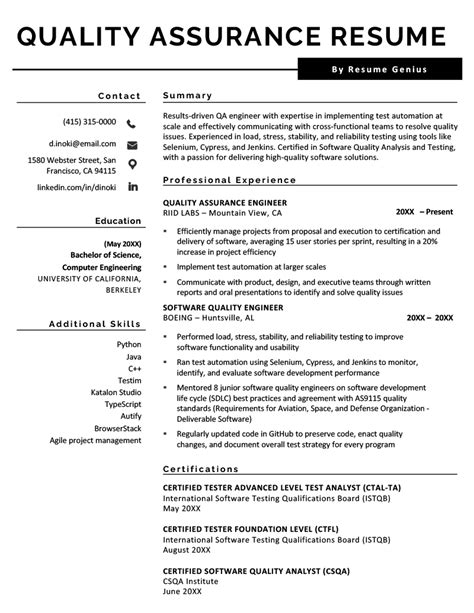 Quality Assurance Duties Resume