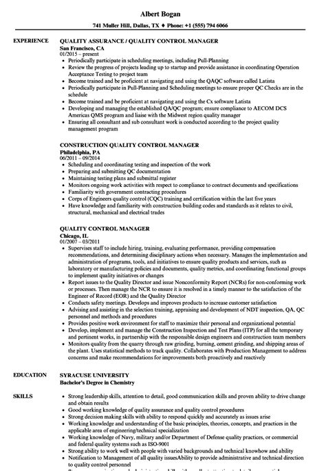 Quality Control Manager Resume Example - livecareer