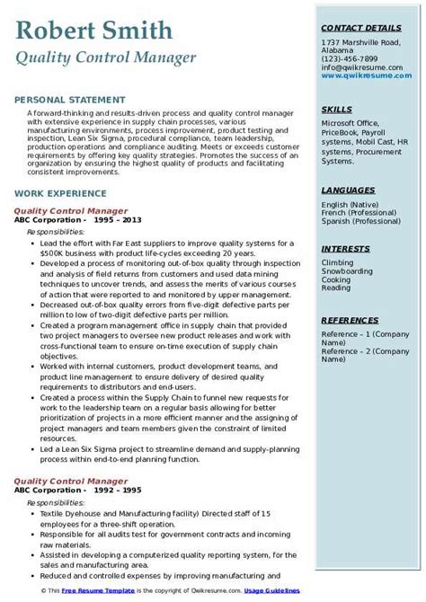 Quality Control Manager Resume Thehistorybucket Blog