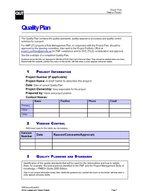 Quality Plan Template