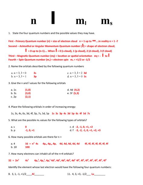 Quantum Numbers Worksheet Answers