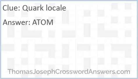 Quark locale crossword clue. Find the latest crossword clues from New York Times Crosswords, LA Times Crosswords and many more. Enter Given Clue. ... Quark locale 2% 3 SPA: Pool locale 2% 4 BAJA: Tijuana's locale 2% 3 RIO: Copa locale 2% 5 CHINA: Great Wall locale ... 