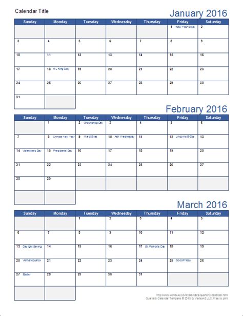 Quarterly Printable Calendar