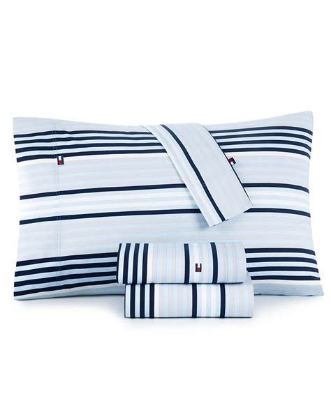 Climate Pledge Friendly. Lowest Pricein this set of products. Tommy Hilfiger Ocean Stripe Sheet Set, Queen. 4.4 out of 5 stars. 943. $39.36. $39.36. Highest ratedin this set of products. Tommy Hilfiger Signature Solid Sheeting 200 TC Sheet Set - 1 Flat Sheet, 1 Fitted Sheet & 2 Pillowcases, Queen Size, 100% Cotton (Blue), Set of 4.. 