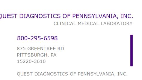 Quest diagnostics npi number. Quest Diagnostics Incorporated is a clinical medical laboratory in Clifton, NJ with NPI 1932145778. It has a CLIA number 31D0696246 and a taxonomy code 291U00000X. 