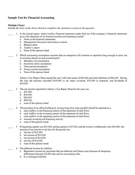 Question Multiple Financial Answer Accounting With Choice