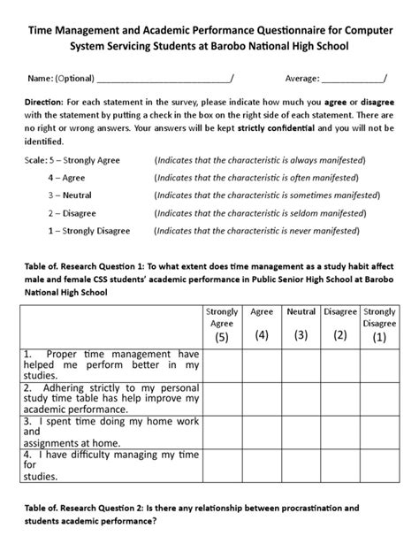 Questionnaire about time management and academic performance.  Time Manag...