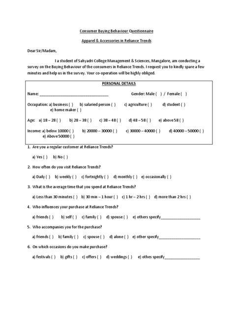 Questionnaire on consumer buying behaviour of mobile phones.  It asks respondents a...