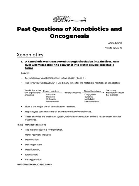 Questions And Answers On Xenobiotics