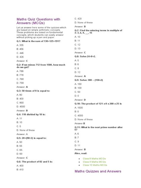 Questions And Answers Quiz Maths