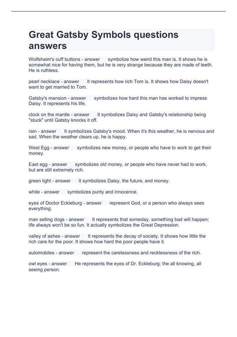 Questions And Answers To Great Gatsby