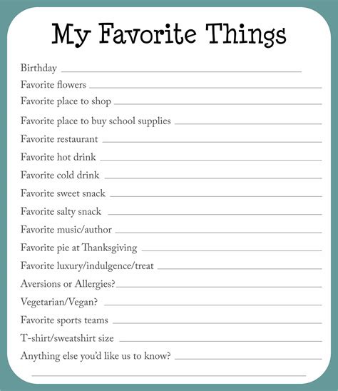 Questions My Favorite Things List Printable