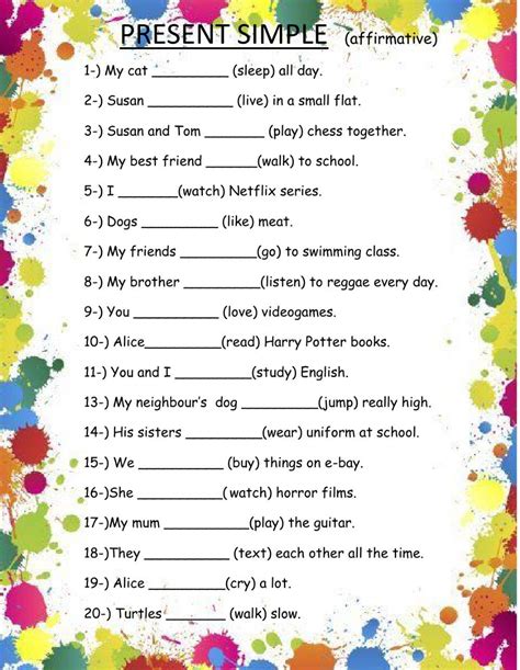 Questions for a1 level english.  To be exercises: present simple affirmative forms.  The Commo...