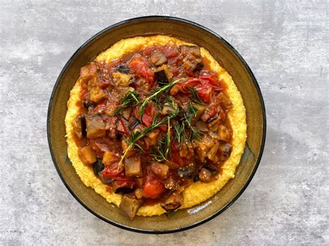 Quick Cook: Eggplant and tomato stew with rosemary polenta recipe