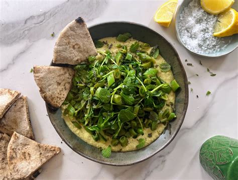 Quick Cook: Snap Pea Hummus with Warm Pea Shoot and Mint Salad