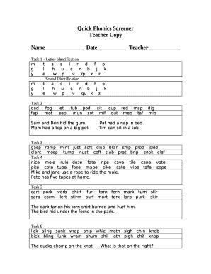 Quick phonics screener pdf. Screening for Signs of Dyslexia. If you have your child with you, our dyslexia screener is your best option. Using the science-backed Grade-Level Reading Assessment or (also known as San Diego Quick Assessment or SDQA) and our Dyslexia Z-Screener TM, our dyslexia test for kids is a proven way to assess the likeliness of a child’s dyslexia … 