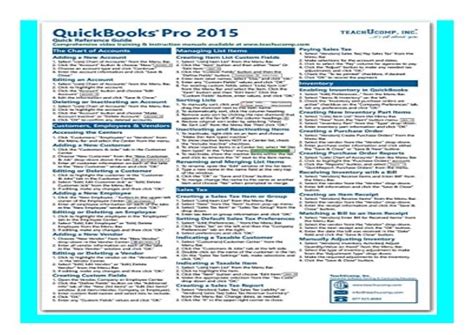 QuickBooks Pro 2015 Quick Reference Training Card Laminated Guide