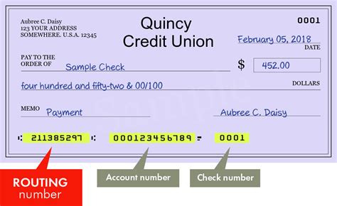 Account Number: Quincy Credit Union Routing Number: 211385297 Account