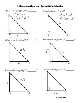 Quiz 7-1 pythagorean theorem special right triangles & geometric mean. Theorem 9.1: Pythagorean Theorem. In a right triangle, the square of the length of the hypotenuse is equal to the sum of the squares of the lengths of the legs. a²+b²=c², where c is always the hypotenuse. Pythagorean Triple. A set of three positive integers that satisfy the equation a²+b²=c². 
