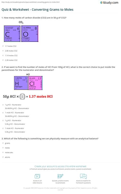 Quiz Worksheet Converting Grams to Moles Study com