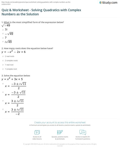 Quiz Worksheet Solving Quadratics with Complex Numbers as the Solution