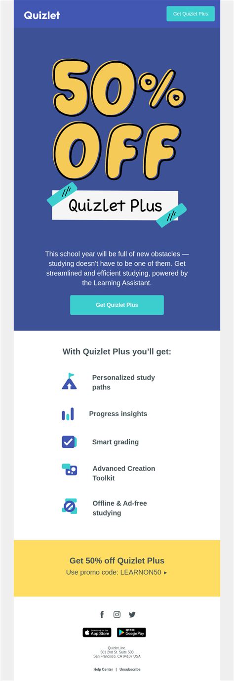 Quizlet promo code. Quizlet has study tools to help you learn anything. Improve your grades and reach your goals with flashcards, practice tests and expert-written solutions today. Save with group orders. Get up to 15% off Quizlet Plus and Quizlet Plus for teachers subscriptions for your group, business, school, or district. ... 