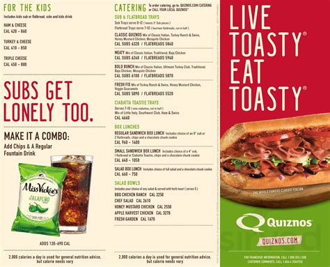 Quiznos Sandwich restaurants in Fort Liberty serve toasted sandwiches, soups, and salads for lunch or dinner. ... Quiznos provides food delivery and food catering services in Fort Liberty NC. Toggle Hamburger. Quiznos. Menu. Catering. Gift Cards. Loyalty. Find a Quiznos. START ORDER. Menu. Catering. Gift Cards. Loyalty. Find a Quiznos. START .... Quiznos menu