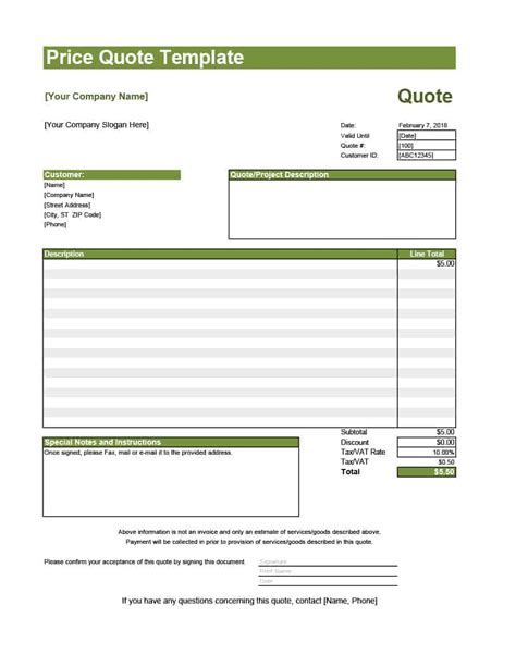 Quotation Spreadsheet Template Excel Templates