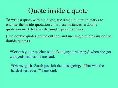 Quotes within quotes. 5 days ago ... Use double quotation marks around quotations within short quotations. The footnote number comes after the closing quotation mark and the ... 