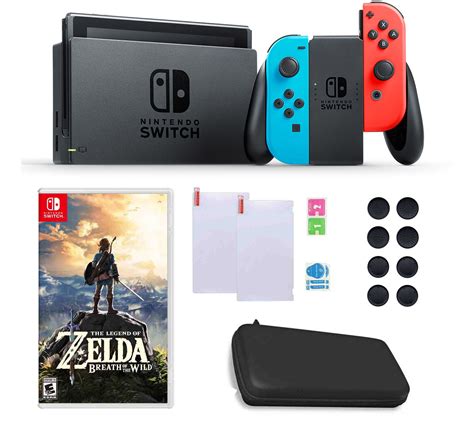 From Nintendo. Includes Switch OLED console, dock, Joy-Con L controller, Joy-Con R controller, two wrist straps, Joy-Con grip, HDMI cable, and adapter; Legend of Zelda: Breath of the Wild, swivel grips, additional charger, Nyko Boost Pak, and voucher. 7" diagonal multi-touch capacitive OLED display with 1280x720 resolution. 64GB internal memory. 