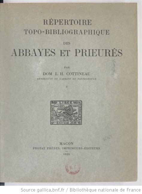 Répertoire topo bibliographique des abbayes et prieurés. - Inconscient et imaginaire dans le grand meaulnes.