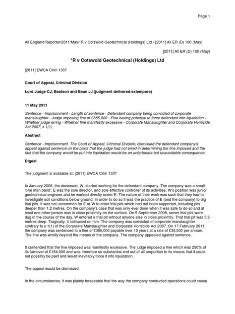 R v Cotswold Geotechnical Holdings Ltd [2011] EWCA Crim 1337