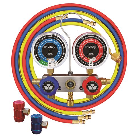 Specifications: Model: YS-101. Fitment: for R-1234yf refrigerant systems. Blue connector for low pressure service valve. Red connector for high pressure service valve. Includes threaded M12x1.5 to 1/4 SAE brass adapters. Blue adapter height: 2in or 52mm. Red adapter height: 2.3in or 57mm. Red or blue adapter diameter: 1.3in or 32mm.. 