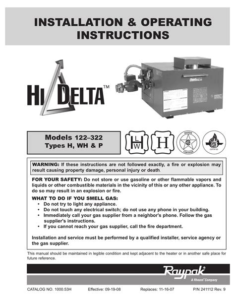 RAYPAK HI DELTA 122-322 INSTALLATION & OPERATING