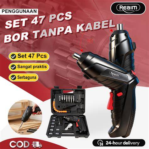 REAIM Mesin Bor Mini Cordless Screwdriver Set dengan Koper - raincitystudios.com