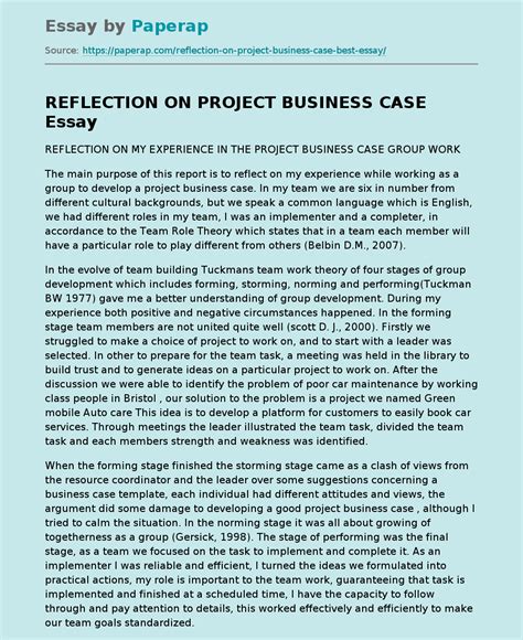 REFLECTION ON PROJECT BUSINESS CASE Reflective …