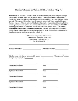 REQUEST FOR WAIVER OF THE ARBITRATION FILING FEE