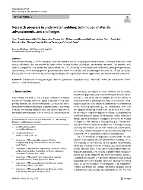 Research progress in underwater welding: techniques, … - raincitystudios.com