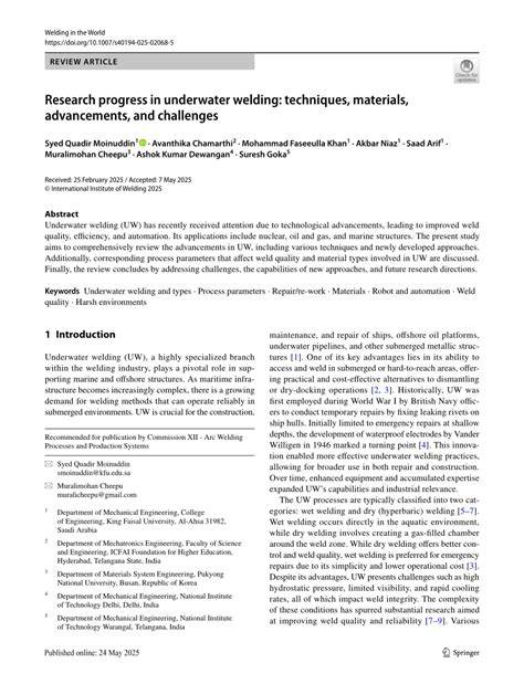 Research progress in underwater welding: techniques, materials ... - raincitystudios.com