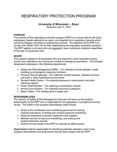 RESPIRATORY PROTECTION PROGRAM University of Wisconsin Stout